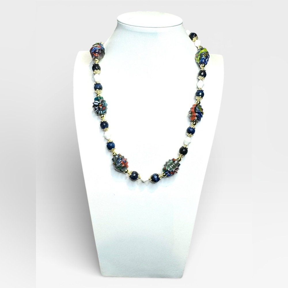 ARTISAN Murano Glass Millefiori, Blue Tiger’s Eye & Vintage Milkglass Necklace - Picture 3 of 16